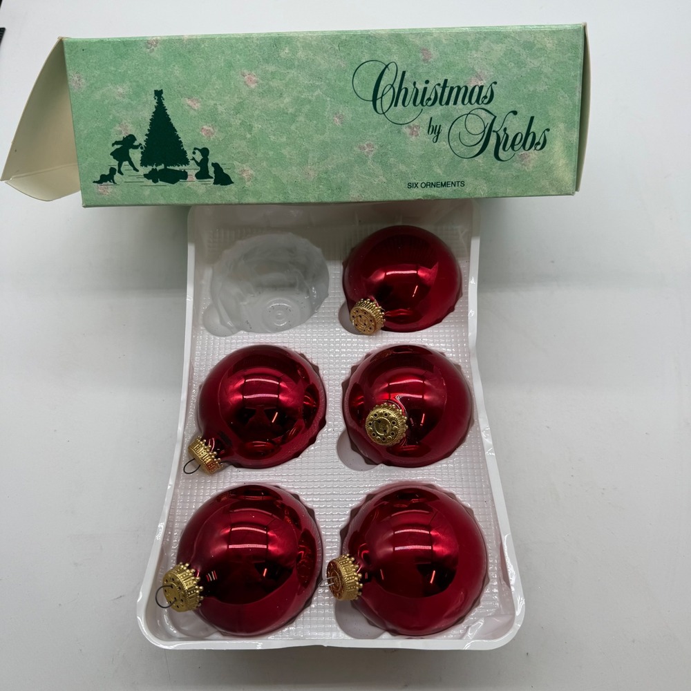 Christmas by Krebs December Red Glass Ornaments Set of 5 with Gold Crowns Box